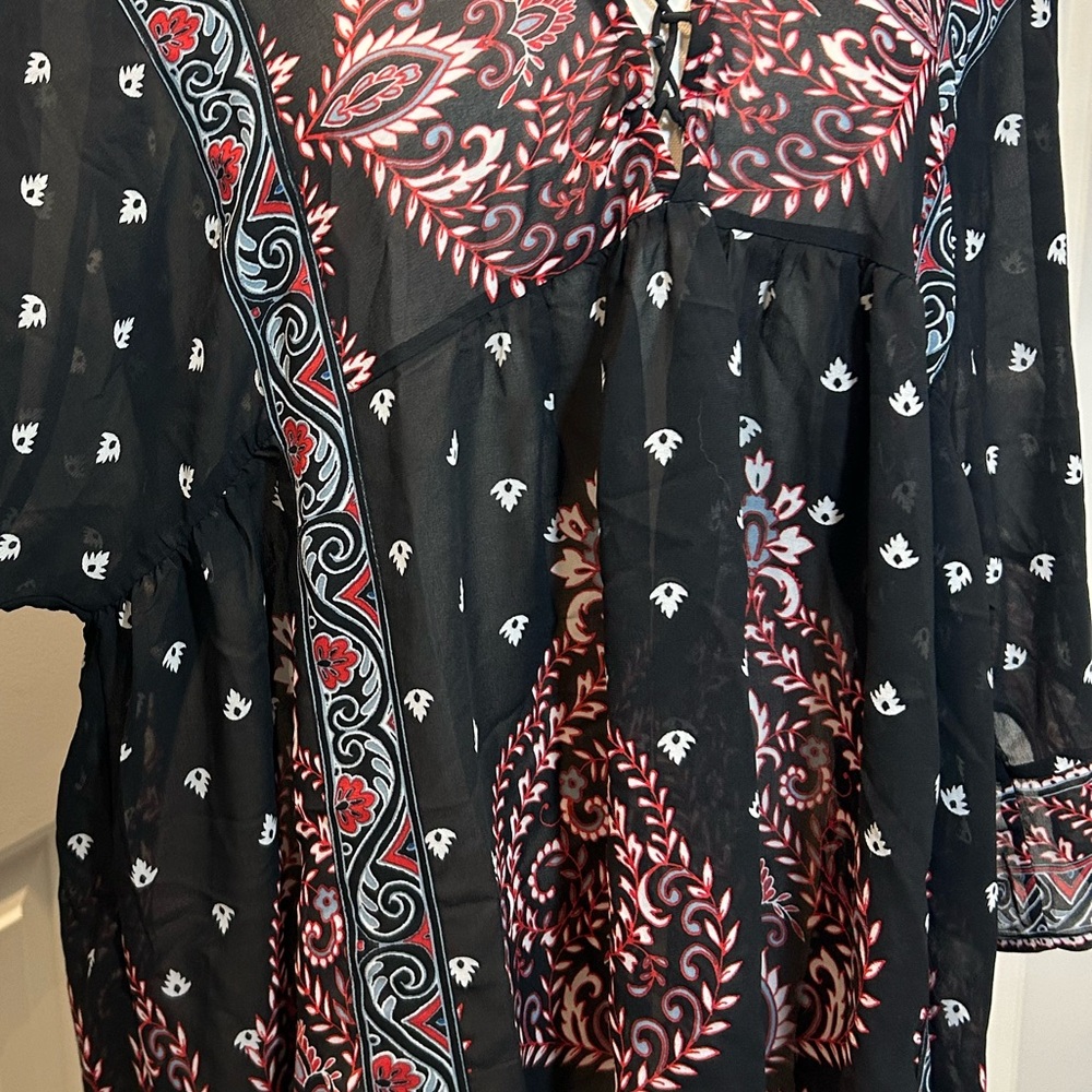 Fever Boho Top Wide Width Sleeves Colorful Simple Pattern V-Neck Ties Size XL - Picture 3 of 12
